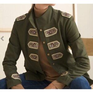 Chicos Womens L Military Olive Green Embroidered Beaded /Embellished Band Jacket